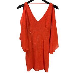 Bebe Orange Gold Rhinestone Embellished V-Neck Chiffon Mini Dress Flowy XS